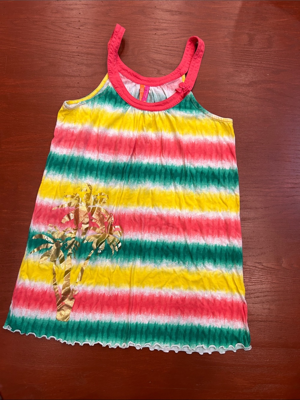 Girls' Multicolor Striped Tie-Dye Tank Top with Gold Palm Accent - Pink Trim